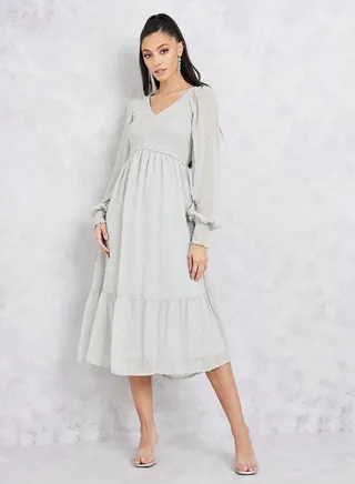 Dobby Smocked A-Line Midi Dress with Cuff Sleeves 