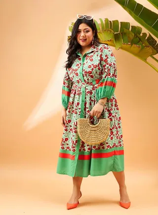 Plus Floral Print Belted Shirt Midi Dress 