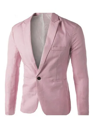 Men Solid Colour Long Sleeve Lapel One Button Pocket Blazer Slim Fit Suit Coat Pink 