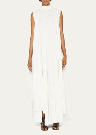 High-Neck Asymmetric Pleated Long Dress