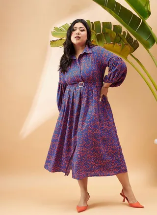 Plus All Over Print Belted Shirt Midi Dress 