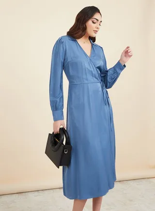 Long Sleeves Wrap Around Midi Dress 