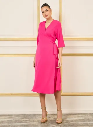 3/4 Sleeves Solid Wrap Front Midi Dress 