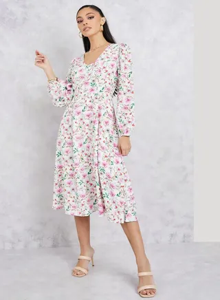 Printed Long Sleeves A-Line Midi Dress 