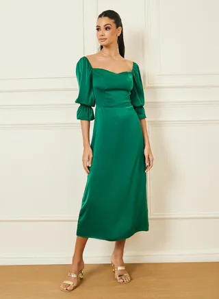 Solid Sweetheart Neck A-Line Midi Dress 