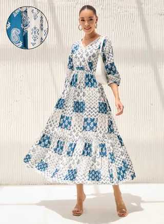 Paisley Print A-Line Midi Dress with 3/4 Sleeves 