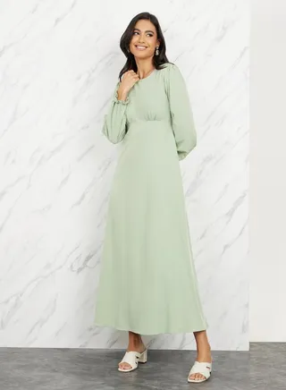 Solid Ruffle Trim Sleeves A-Line Midi Dress 