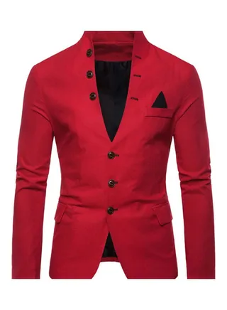 Men Long Sleeve Stand Collar Tuxedo Suit Blazer 3 Button Pocket Slim Jacket Coat Red 