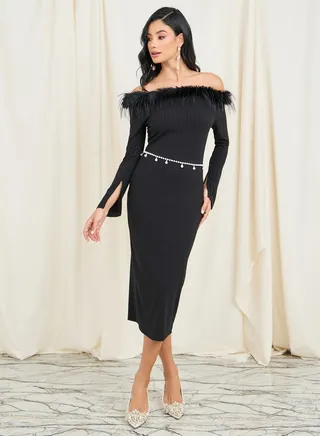 Faux Fur Off Shoulder Bodycon Dress with Embellished Belt 