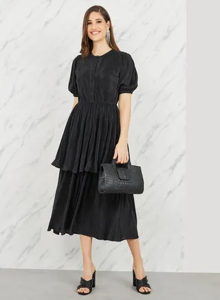Plisse Front Button Closure Layered Tiered Midi Dress 
