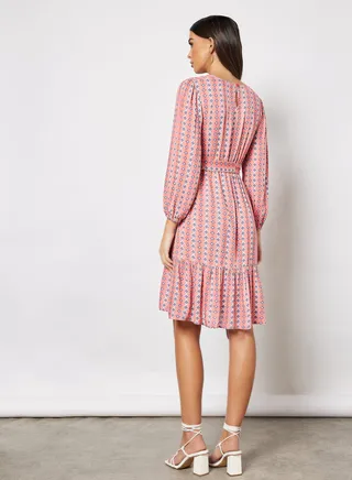 Casual Stylish Long Sleeve Tiered Printed Dress With Round Neck And A Belt Multicolour 