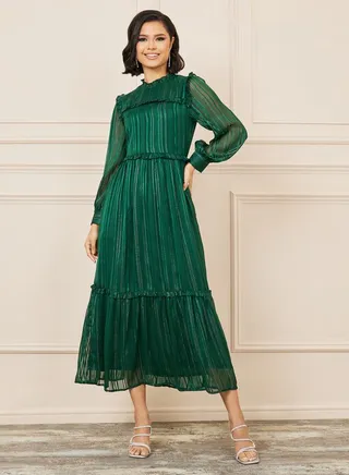Lurex Striped High Neck Tiered Midi Dress 