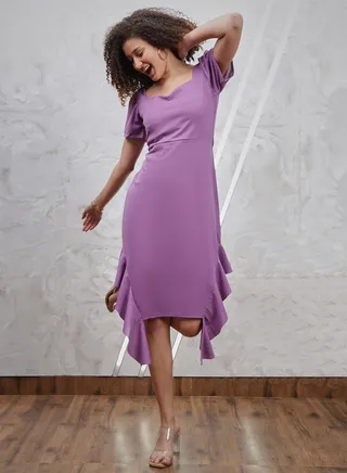 Asymmetrical Hem Square Neck Midi Dress with Ruffles 