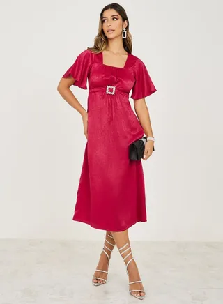 Embellished Buckle A-Line Midi Dress 