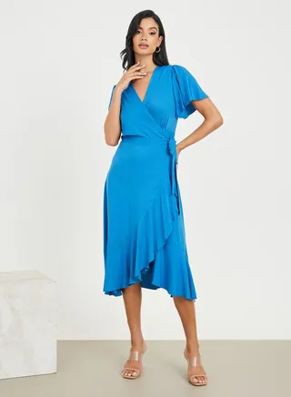 Ruffle Asymmetric Hem Wrap Midi Dress 