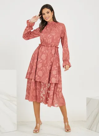 Jacquard Layered Midi Dress with High Neck 