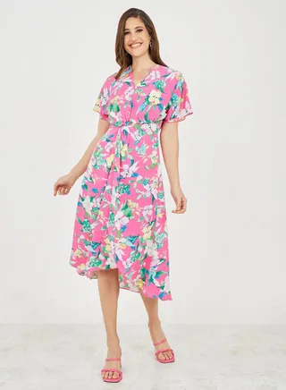 Front Twist Detail Floral Print A-Line Midi Dress