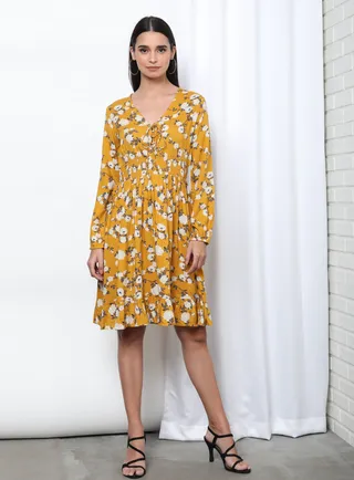 V-Neck Printed Midi Dress Yellow Aop 