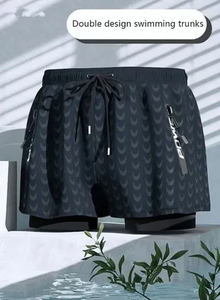 Men's Swimming Trunks Beachwear Quick Dry Gym Wear Beach Pants Fitness Shorts Workout Short Sports Running with Inner Compression Black 