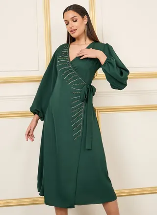 Beaded Detail A-Line Wrap Midi Dress 