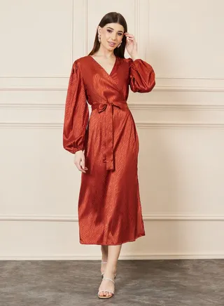 Satin Jacquard Print Wrap Midi Dress 