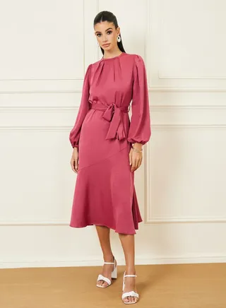 Box Pleat Detail Neck Self Tie Up A-Line Midi Dress 