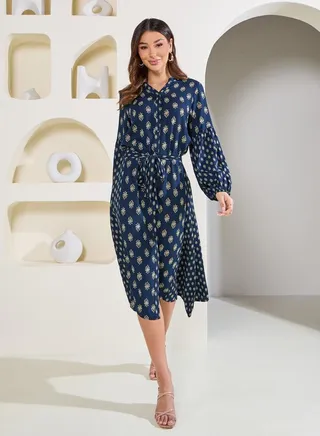 AOP Shirt Midi Dress with Waist Tie Up 