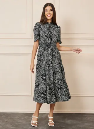 Paisley Print Smocked Waist A-Line Midi Dress 