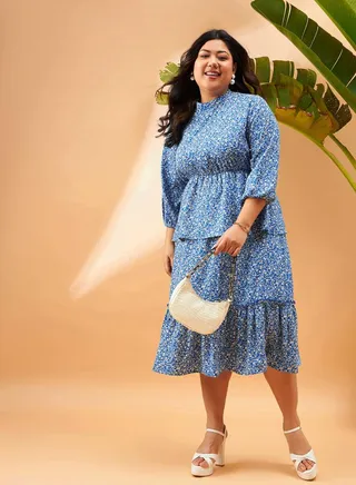 Plus Floral Print Tiered Midi Dress 