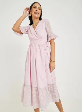 Dobby A-Line Wrap Midi Dress 