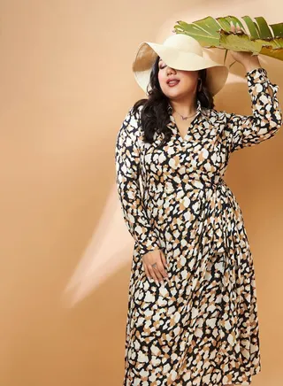 Plus Animal Print Wrap Midi Dress 