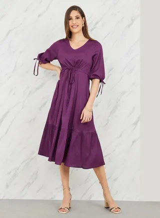 Crepe Tie Up Sleeves Elasticated Waist Tiered Midi Dress 