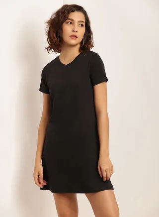 Solid Design A-Line Midi Dress Ink Black 