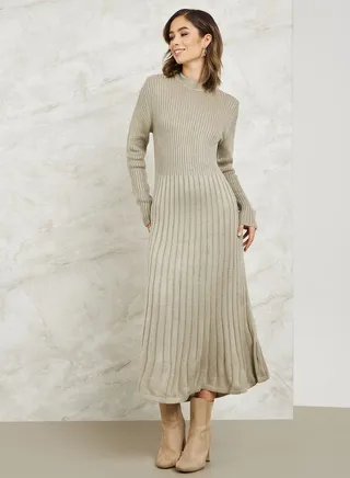 Ribbed High Neck Sweater Midi Dress 