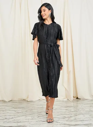 Plisse Button Detail Self Tie Up Midi Dress 