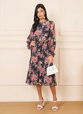 Floral Print Smocked Detail A-Line Midi Dress 
