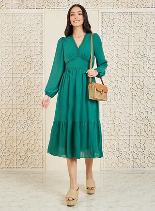 Lace Detail V Neck A-Line Midi Dress 