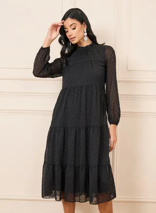 Dobby High Neck Tiered Midi Dress 