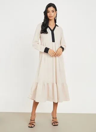 Contrast Cuffed Sleeves Collared Neck Shift Midi Dress 