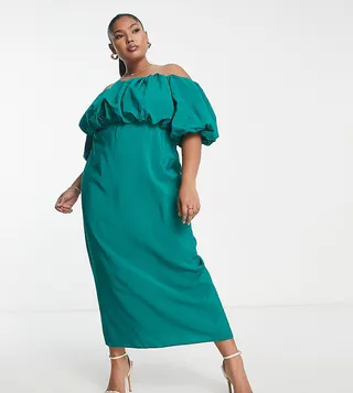 ASOS DESIGN Curve off-the-shoulder puff detail midi dress in green