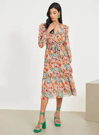 Tulip AOP Ruffle Detail A-Line Midi Dress 