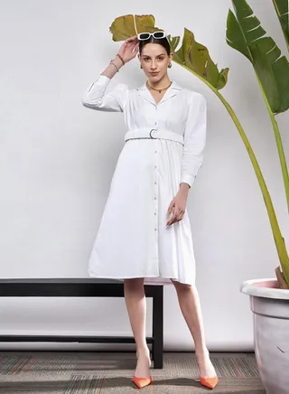 Poplin Ruched Belted Shirt Dress with Puff Sleeve 
