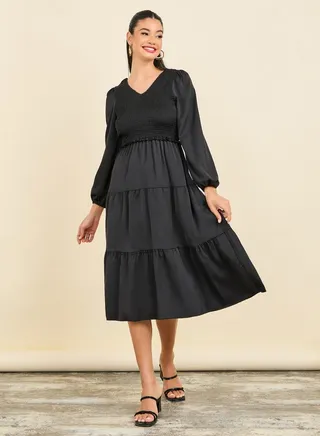 Smocked Detail Tiered Midi Dress 