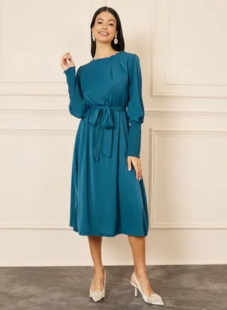Smocked Cuff Sleeves Self Tie Up A-Line Midi Dress 