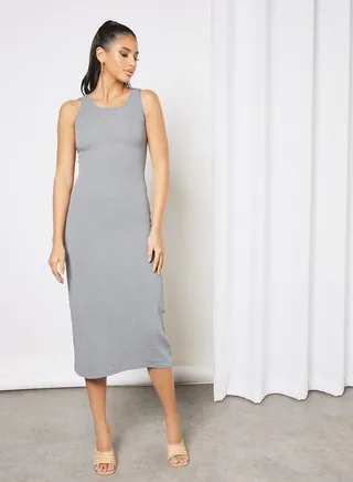 Casual Polyester Blend Sleeveless Midi Evening Dress With Scoop Neck Slim Fit Knit Tank Dress 63 Dark Grey 