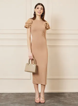Frill Layer Sleeves Bodycon Midi Dress 
