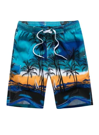 Coconut Tree Printed Swim Shorts Blue/Yellow/Black 