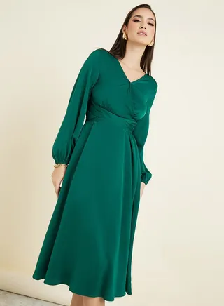 Satin A-Line Midi Dress with Tie Waist Detail 