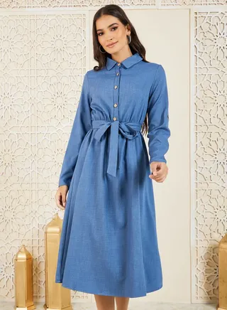 Front Button Collared Roll-Up Sleeve Midi Dress with Self Tie 