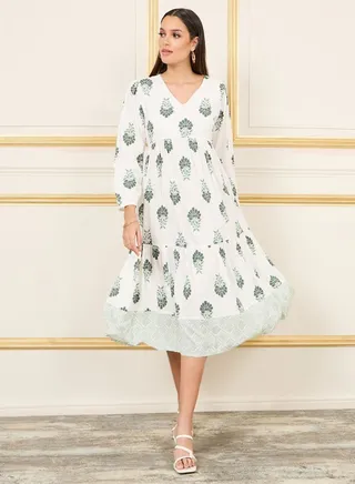 Damask Print Tiered Shift Midi Dress 